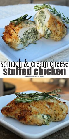 spinach and cream cheese stuffed chicken on a white plate with rosemary garnish