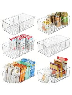 four clear bins with food items in them