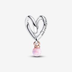 Crafted in sterling silver and plated with 14k rose gold, the Two-tone Wrapped Heart Charm is a unique piece for your Mom's collection. Meticulously designed to wrap around any charm carrier, this charm features a captivating motif—a heart formed by looping sterling silver lines. Two engravings, "There is no one like you" and "Mom," add a loving touch, where the 'o' in mom is shaped as a heart. A dangling 14k rose gold-plated pin showcases a round pink lab-created opal, representing the beauty o Pandora Heart Charm, Custom Charm Bracelet, Heart Promise Rings, Pandora Heart, Gold Armband, Diamond Gift, Mors Dag, Pandora Bracelets, Pandora Jewelry