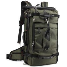 a green backpack with black straps on the front and side pockets, attached to a shoulder strap