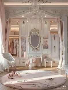 an elegant dressing room with chandelier, mirror and furniture in white color scheme