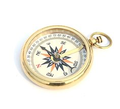 a gold colored compass on a white background