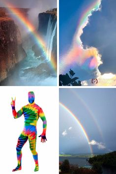 four different pictures with the same person standing in front of a waterfall and rainbows