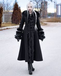 Gothic Costume Outerwear For Winter, Gothic Winter Outerwear For Cosplay, Gothic Winter Larp Outerwear, Vampire Style Winter Costume Outerwear, Long Coat For Halloween, Winter Costume Long Coat, Winter Costume Outerwear With Faux Fur Lining, Winter Long Fur Coat With Feather Trim, Winter Goth