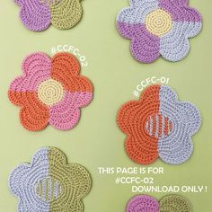 four crocheted flower coasters are shown in different colors and sizes, each with the same monogram