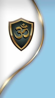 an image of the om shan symbol on a white and blue background with gold accents