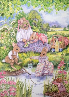 a painting of rabbits in the grass near water and flowers, with two people sitting on a bench