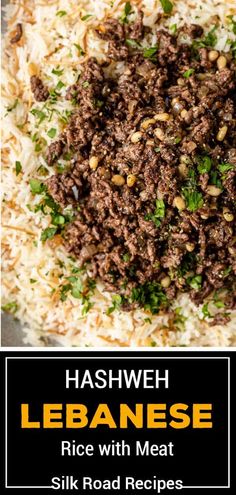 Vermicelli rice with lamb or beef, warm spices and pine nuts is a flavorful hearty Lebanese dish. Making this recipe for Hashweh takes just 30 minutes! #Hashweh #LebaneseRecipes #EasyDinnerIdeas #30MinuteMeals Lentils And Ground Beef, Beef Lambordi, Lebanese Beef Recipes, Ground Lamb And Rice Recipes, Hashweh Recipe, Lamb And Rice Recipes, Lebanese Rice With Ground Beef, Beef Rice