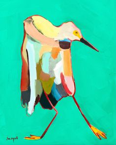 a painting of a bird with long legs and colorful paint on it's body