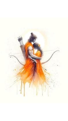 an artistic painting of two people hugging each other