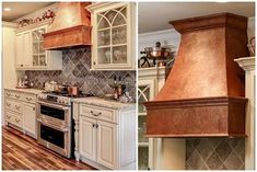 two pictures of a kitchen with white cabinets and wood flooring, one has a copper range hood over the stove