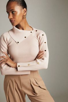 Envelope Neck Top | Karen Millen Elegant Fitted Sweater With Ribbed Cuffs, Elegant Winter Tops With Button Cuffs, Modern Fitted Sweater For Layering, Fitted Long Sleeve Sweater For Office, Fitted Fall Office Sweater, Trendy Winter Tops With Button Cuffs, Fitted Sweater With Buttons For Work, Modern Fitted Sweater, Fitted Sweater With Ribbed Cuffs For Work