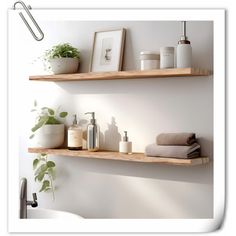 two wooden shelves with towels, soaps and other items on them in a bathroom