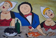 a painting of three women and one man with wine glasses, sitting at a table