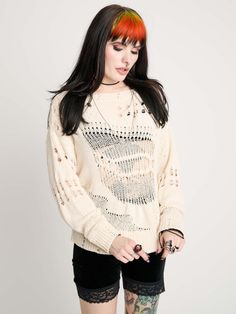 Ivory Distressed Sweater Fall Distressed Crew Neck Sweater, Distressed Crew Neck Sweater For Fall, Winter Distressed Crew Neck Sweater, Distressed Crew Neck Sweater For Winter, Spring Grunge Sweater, Edgy Distressed Crew Neck Sweater, Distressed Grunge Sweater For Streetwear, Oversized Distressed Winter Sweater, Oversized Distressed Sweater For Winter