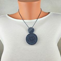 Light up your clothes with this unique pendant necklace, made of recycled denim fabric. It's great for createing an impressive appearance and is easy to match with almost anything. Dressed up with a suit for the weekday, or with a jeans and a t-shirt for the weekend, this unique and unusual denim necklace is an outfit changer. It is very versatile, lightweight and it ties at the back, so you can alter the length.  It is comfortable to wear and designed for everyday wearing. My jewelry means comf Denim Necklace, Jeans And Lace, Eco Friendly Necklace, Unique Pendant Necklace, Upcycled Denim, Recycled Denim, Unique Pendant, Waxed Cotton, Boho Necklace