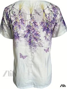 Zlily - Exquisite Floral Print Crew Neck T-Shirt with Button Decoration - Vintage Design, Loose Short Sleeve Top for a Fashionable Summer - Womens Clothing Spring Relaxed Fit T-shirt With Buttons, Purple Short Sleeve Top With Button Closure, Button Decorations, Decoration Vintage, Loose Shorts, Vintage Fabric, Short Sleeve Top, Vintage Design, Vintage Designs