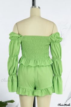 Olivia Mark - Chic Long Sleeved Two-Piece Set in Solid Yellow with Off-the-Shoulder Design Casual Off-shoulder Jumpsuits And Rompers For Brunch, Casual Green Off-shoulder Summer Top, Off-shoulder Long Sleeve Top For Summer Beach, Long Sleeve Off-shoulder Top For Summer Beach, Long Sleeve Off-shoulder Top For Beach In Summer, Casual Green Off-shoulder Top, Fitted Off-shoulder Top For Vacation, Pink Two Piece, Valentines Lingerie