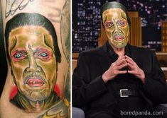 a man with tattoos on his face and an image of a woman's face