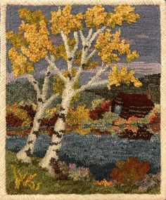 Birches, rug hooked by Joan Borgen Rug Hooking Designs Pattern, Rug Hooking Patterns Free, Modern Rug Hooking, Rug Hooking Patterns Primitive, Hook Rugs, Rug Hooking Designs, Honey Bee Hives, Landscape Quilt, Fall Images