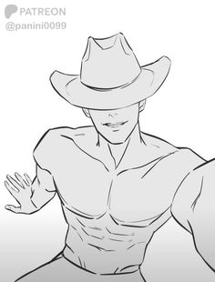 a drawing of a man in a cowboy hat with his hands out to the side