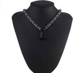 18” Long Padlock Chain Necklace Included With The Key Comes With Gift Box Chain Black Silver, Black Pod Lock Necklace Black Stainless Steel Chain Necklace, Black Metal Box Chain Necklaces, Black Metal Necklace With Box Chain, Black Clavicle Chain Link Necklace, Elegant Black Stainless Steel Chain Necklace, Black Metal Jewelry With Box Chain, Black Metal Link Necklace, Black Stainless Steel Chain Necklace With Adjustable Chain, Black Link Stainless Steel Necklaces