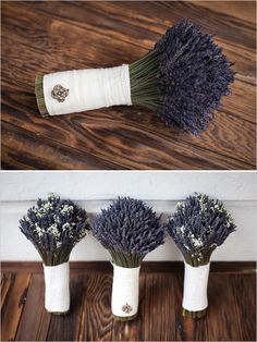 three white vases with purple flowers in them sitting on a wooden floor next to each other