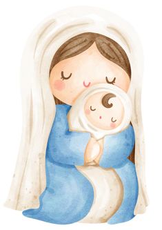 a watercolor drawing of a woman holding a baby in her arms and wearing a blue dress