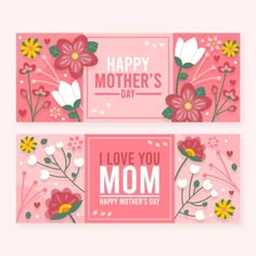 two mother's day banners with flowers and hearts on pink background, flat design