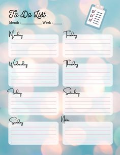 a to do list is shown on a blue and white background with boket lights