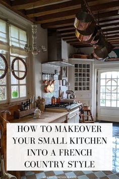 a kitchen with pots and pans hanging from the ceiling