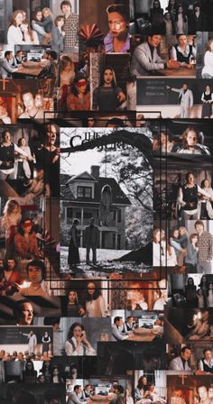 a collage of photos with people and houses in the middle one is black and white