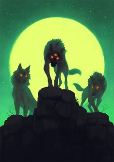 two wolfs standing on top of a rock under a full moon with glowing eyes