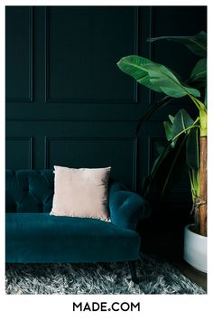 a green velvet couch in front of a black wall with a plant on the side