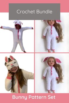 Delight kids with this bunny crochet pattern bundle, a perfect Easter gift. Craft matching bunny costumes for dolls and children, including adorable eye masks and crochet clothes. This easy crochet project features a "doll and me" set, making bedtime fun for girls in their cute pyjamas and onesies. Sleep Mask Crochet, Warm Halloween, Bunny Crochet Pattern, Kids Clothes Patterns