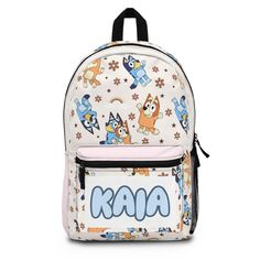 🦴 Bluey-Themed Personalized Kids' Book Bags - Fun, Functional, and Customizable! 🦴   Make your little one's adventures even more exciting with our charming Bluey-themed book bags! Perfect for kids, these bags blend the playful spirit of Bluey with practical features that moms will love.    ✨ Key Features:   - Adorable Design: Featuring vibrant Bluey illustrations, this book bag is sure to delight fans of the popular TV show. It's a perfect way to bring a touch of Bluey's fun to your child's daily routine! - Premium Material: Crafted from 100% durable polyester, this bag is built to withstand everyday wear and tear while remaining lightweight and easy to carry. - Adjustable Straps: The padded shoulder straps are adjustable, ensuring a comfortable fit as your child grows. - Spacious & Orga Kawaii Blue Backpack For Travel, Blue Kawaii Backpack For Travel, Kawaii Blue Travel Backpack, Kawaii Blue Backpack For Back To School, Blue Kawaii Backpack For Back To School, Fun Blue Backpack For Daily Use, Cute Blue Backpack For Playtime, Cute Standard Backpack For Playtime, Blue Adventure Backpack