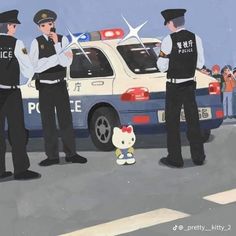 three police officers standing in front of a car with a hello kitty stuffed animal next to them