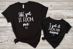 She Get It From Me | I Get It From My Mama | Mother | Daughter | Matching | Shirts | Mommy and Me All of our items are handmade with love💜 Our shirts are made using commercial grade, high quality, Heat Transfer Vinyl. They are pressed with a profession heat press machine to ensure durability of the print. This process gives a long lasting finish to all of our designs. Women: For a woman's fit, we recommend to go down a size. For a looser fit, stick with your normal size. Returns and Exchanges P Funny Mother Daughter Shirts, Mommy And Me Outfits Daughters, Mommy And Me T Shirts, Mama Daughter Shirts, Mama And Me Matching Shirts, Mommy And Daughter Disney Shirts, Mommy And Me Shirts Vinyl, Mommy And Daughter Shirts, Mother Daughter Tshirt Ideas