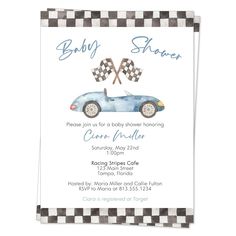 a baby shower is shown with a blue car and checkerboard pattern on it