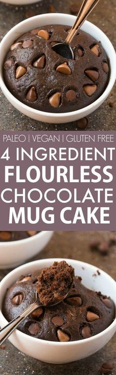 two bowls filled with chocolate pudding and the words 4 ingredient flourless chocolate mug cake