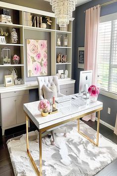 Elegant and cozy small home office for women with soft hues and efficient shelving. Cozy Small Home, Feminine Home Office Classy, Small Home Office Ideas For Women, Dining Room To Office, Women Office Decor, Small Home Office Ideas, Girly Office