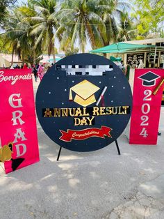 a sign that says annual result day with graduation caps and tassels on it