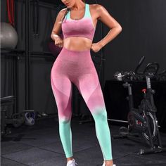 Never Worn Brand New Originally $23 Mint Green Pink Ombre Legging Set High Stretch Pink Activewear For Summer, Fitted Sleeveless Pink Activewear, Pink Summer Gym Activewear, Pink Summer Workout Activewear, Fitted Pink Activewear For The Gym, Pink High Stretch Activewear For Spring, High Stretch Pink Activewear For Spring, Spring Pink Activewear For Gym, Spring Gym Pink Activewear