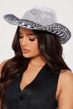 Available In Black/White. Cowboy Hat Straw Material Print Design Detail Imported | Down For The New Hat in Black/White by Fashion Nova Trendy White Brimmed Straw Hat, Trendy White Brimmed Bucket Hat, Trendy White Panama Hat With Curved Brim, Trendy White Fedora With Flat Brim, Trendy White Fedora Straw Hat, White Wide Brim Trendy Panama Hat, Trendy White Wide Brim Panama Hat, Trendy White Sun Hat With Flat Brim, Casual White Fedora