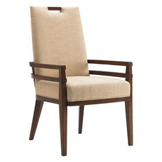 an upholstered arm chair with wooden frame and fabric seat padding, viewed from the front