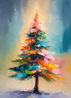 a painting of a brightly colored christmas tree