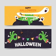 two halloween banners with monsters and bats on the front, one is for happy halloween