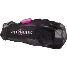 a black duffel bag with pink handles