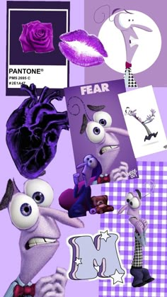 an image of some cartoon characters with purple and black colors on them, including the letter m