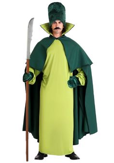 a man in a green costume holding a large knife